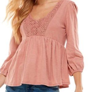 NWT Derek Heart Womens Pink Crochet Babydoll Top in Ash Rose Size S $30 B81